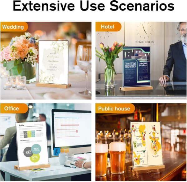 oem/odm maxgear l/t shape acrylic sign holder, 8.5 x 11 clear table display stand with wooden base, flyer menu holder photo frames paper stand for office, wedding, restaurants, hotels 3 pack wholesale supplier & factory