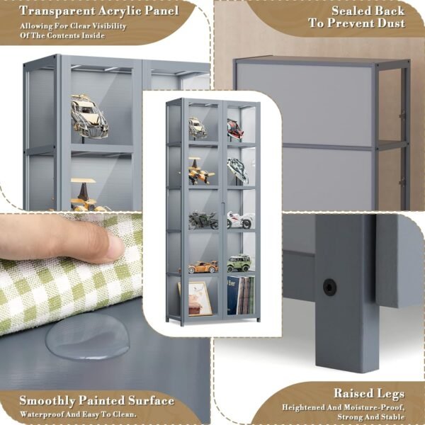 oem/odm curio display cabinet, 5-tier acrylic display case with double door 64” tall display cabinet for collectibles figures trophy for living room office and bedroom- grey wholesale supplier & factory