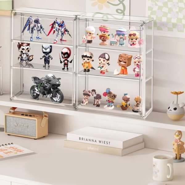 oem/odm clear acrylic display case for figures 3 tiers, desktop clear showcase with 2 adjustable divider storage box cabinet organizer for collectibles, action figure wholesale supplier & factory