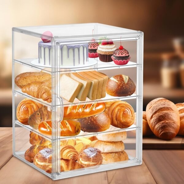 oem/odm 4 layers adjustable clear bread storage box for kitchen countertop,large bread storage container, 4 layers acrylic pastry display case, clear boxes bread holder for bread, bagel, muffins wholesale supplier & factory