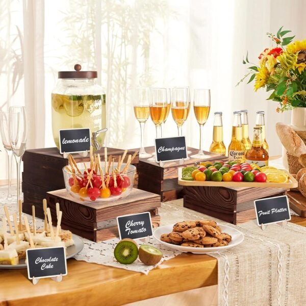 oem/odm 8 pcs buffet risers with mini signs, rustic wood cake stands, food risers for buffet table, dessert display stand, wood crates, rustic cake stand for party, wedding, birthday, baby shower, 4 sizes wholesale supplier & factory