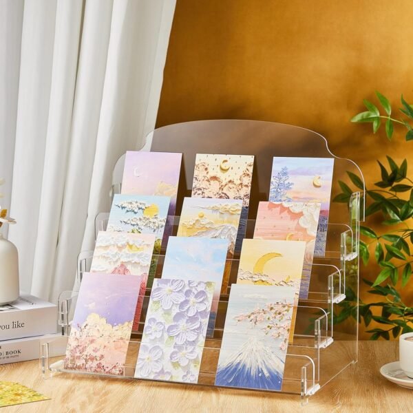 oem/odm clear acrylic greeting card display stand portable sticker display stand card display rack holder postcard organizer for retail counter desk stamp mail photo storage(12''x10''x14'',4 tier) wholesale supplier & factory