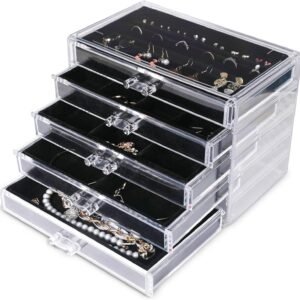 oem/odm frebeauty extra large acrylic jewelry box for women 5 layers clear jewelry organizer velvet earring box with 5 drawers rings display case necklaces holder tray for women girls (black) wholesale supplier & factory