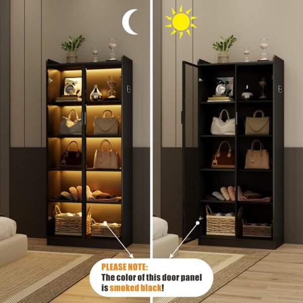 oem/odm display cabinet with doors and adjustable shelves, 65" tall bookcase with led lights/human sensor, 5 tier display case for collectibles bedroom living room office, black - smoked black door wholesale supplier & factory