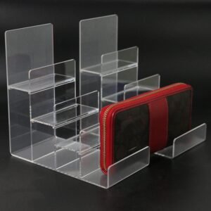 oem/odm acrylic wallet display stand holder acrylic jewelry display riser shelf showcase fixtures (2pcs 4-tier) wholesale supplier & factory