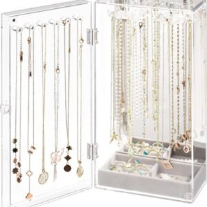 oem/odm lolalet necklace holder organizer, acrylic jewelry organizer with 24 hooks, rotating clear necklaces display box with built-in mirror, dust-proof jewelry storage case with velvet tray -clearmirror wholesale supplier & factory