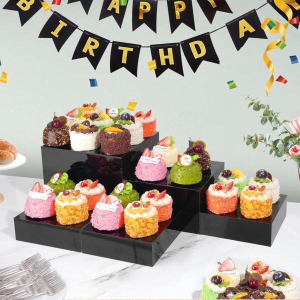 oem/odm 3 pcs black acrylic cube display nesting risers with hollow bottoms, 8", 7", 6" sizes food buffet riser acrylic cube box, acrylic food display risers stand shelf for catering dessert collectibles jewelry figures party (black) wholesale supplier & factory