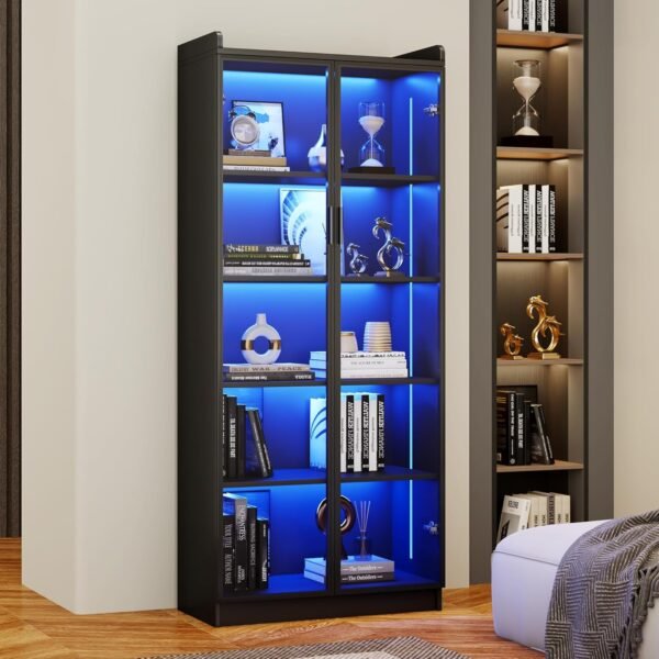 oem/odm display cabinet with doors and adjustable shelves, 65" tall bookcase with led lights/human sensor, 5 tier display case for collectibles bedroom living room office, black - smoked black door wholesale supplier & factory