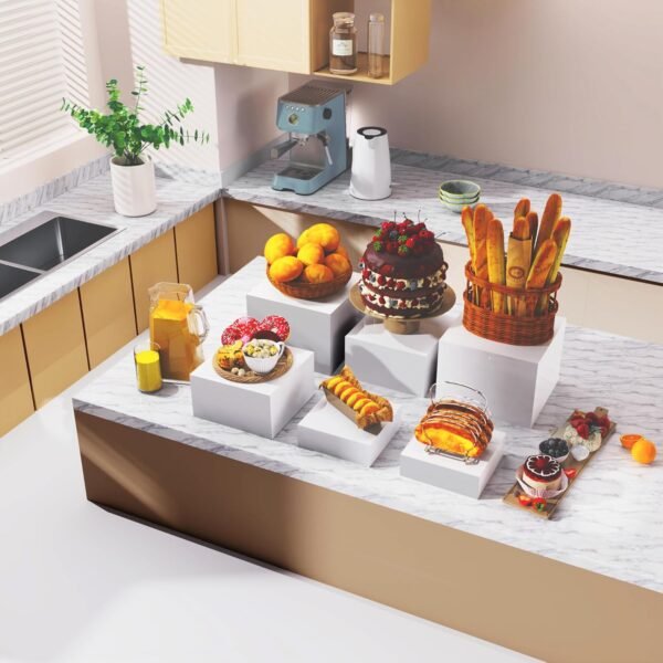 oem/odm buffet risers, food risers for buffet table, display stand shelf for catering dessert collectibles jewelry figures show, white acrylic cube display nesting risers with 6pcs hollow bottoms 8''x9''x10'' wholesale supplier & factory