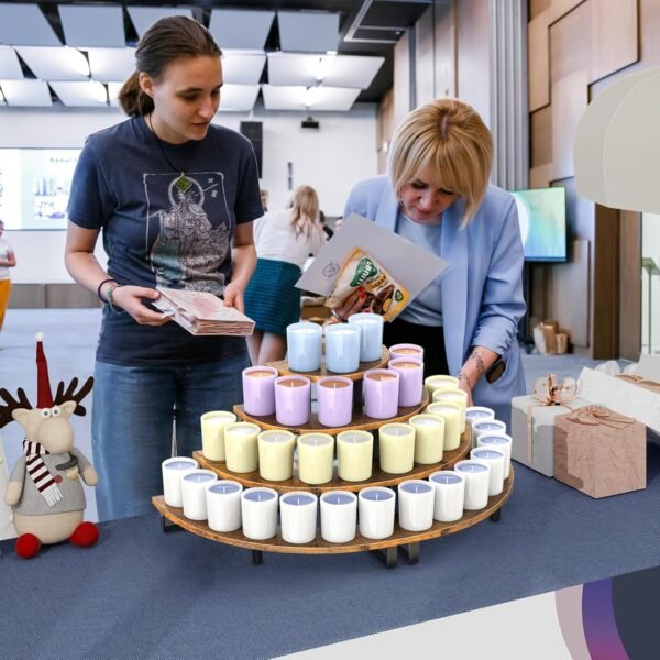 oem/odm eliteroo tiered display stand, wooden display risers, 4 tier display shelf for vendors retail craft show market, table top display rack for cupcakes perfume figures candles makeup, curved corner wholesale supplier & factory