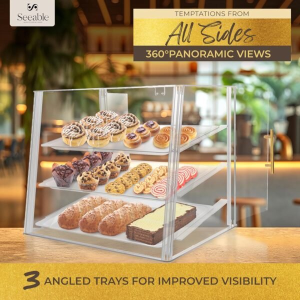 oem/odm 3 tray acrylic bakery display case countertop with magnetic rear doors access, removable trays & gold accents, acrylic pastry display case for desserts, cookies, bread & baked goods (21"x16"x17") wholesale supplier & factory