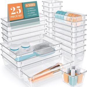 oem/odm 25 pcs clear plastic drawer organizer set, 4 sizes desk drawer divider organizers and storage bins for makeup, jewelry, gadgets for kitchen, bedroom, bathroom, office wholesale supplier & factory
