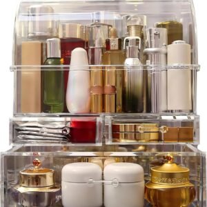oem/odm large acrylic makeup organizer with lid cosmetic storage drawers portable makeup organizers dustproof and waterproof box for women (gold/clear, 11.8inx 14in x 7in) wholesale supplier & factory