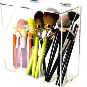 oem/odm acrylic makeup organizer,clear cosmetic brush storage box with 3 brush holders,makeup brush holderwith dust cover, large-capacity split design can quickly organize the desktop（no pearls） wholesale supplier & factory