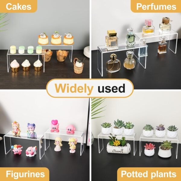oem/odm 4 pack acrylic risers display stands, display stands for collectibles, clear acrylic shelf for show decor display, toys, cupcake (9.2 x 3 x 5 inches) wholesale supplier & factory
