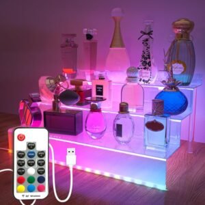 oem/odm care&more yj 12 in clear acrylic perfume organizer with led, nail polish rack cologne holder，3 tier display riser shelf ,toys, clear cupcake riser, dessert shelf wholesale supplier & factory