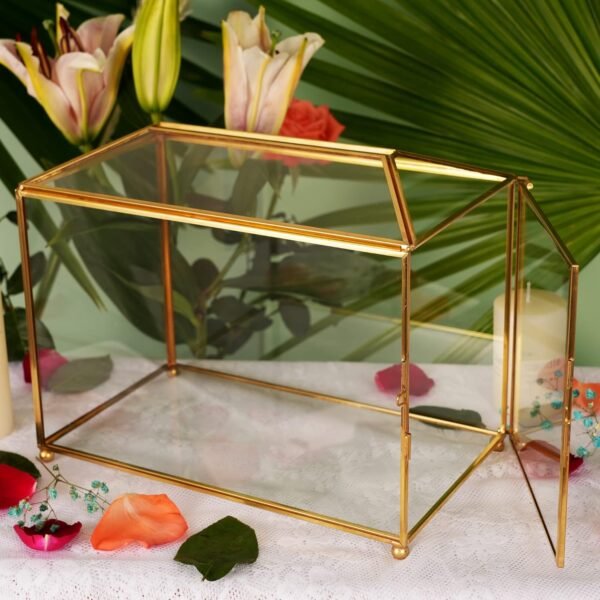 oem/odm 12.6" glass card box wedding card box with lock for wedding reception cosmetic home decor, handmade large geometric terrarium with hinged lid, brass frame - (golden/roof) wholesale supplier & factory