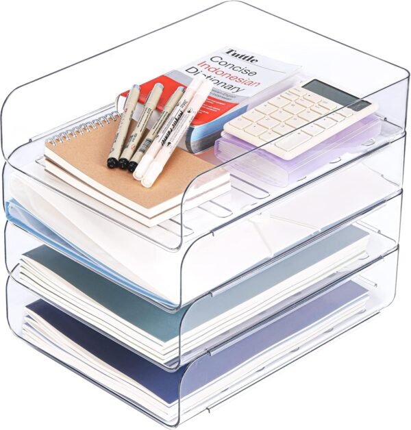 oem/odm set of 4 office organization and storage, clear pet letter tray desk organizer, stackable paper tray organizer for desk accessories, notes, pens, file paper, document wholesale supplier & factory