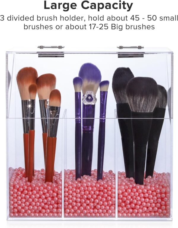 oem/odm acrylic makeup brush holder with lid - clear cosmetic makeup brush organizer and storage box with cover for vanity - large capacity 3-slots container for brushes (clear) wholesale supplier & factory