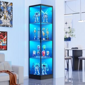 oem/odm corner display cabinet with doors, 4-tier corner shelf&bookcase for collectibles, toys, books, display case with 3 color light, for playroom, bedroom, study room, black wholesale supplier & factory