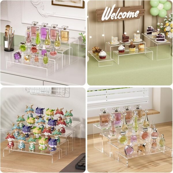 oem/odm maxgear 8 pcs 2 sets acrylic display risers, 8",8",9",9", 4 tier clear plastic rectangle display stand shelf for figures, desserts, perfume, cupcakes, strong support riser for retail, jewelry, shoes wholesale supplier & factory