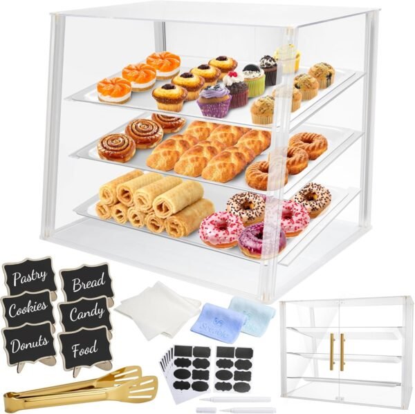 oem/odm 3 tray acrylic bakery display case countertop with magnetic rear doors access, removable trays & gold accents, acrylic pastry display case for desserts, cookies, bread & baked goods (21"x16"x17") wholesale supplier & factory