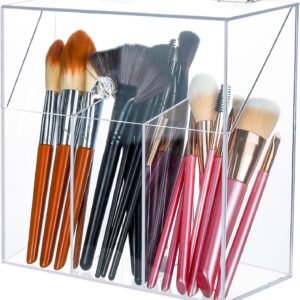 oem/odm acrylic makeup brush holder with lid - clear cosmetic makeup brush organizer and storage box with cover for vanity - large capacity 3-slots container for brushes (clear) wholesale supplier & factory