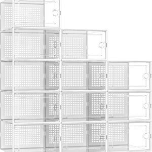 oem/odm kuject x-large shoe storage boxes organizers clear plastic stackable 12 pack, shoe rack & holder substitute, sneaker containers, toy storage organizer bins for entryway, closet, under bed, white wholesale supplier & factory