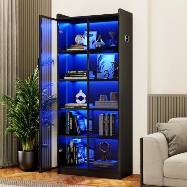 oem/odm display cabinet with doors and adjustable shelves, 65" tall bookcase with led lights/human sensor, 5 tier display case for collectibles bedroom living room office, black - smoked black door wholesale supplier & factory