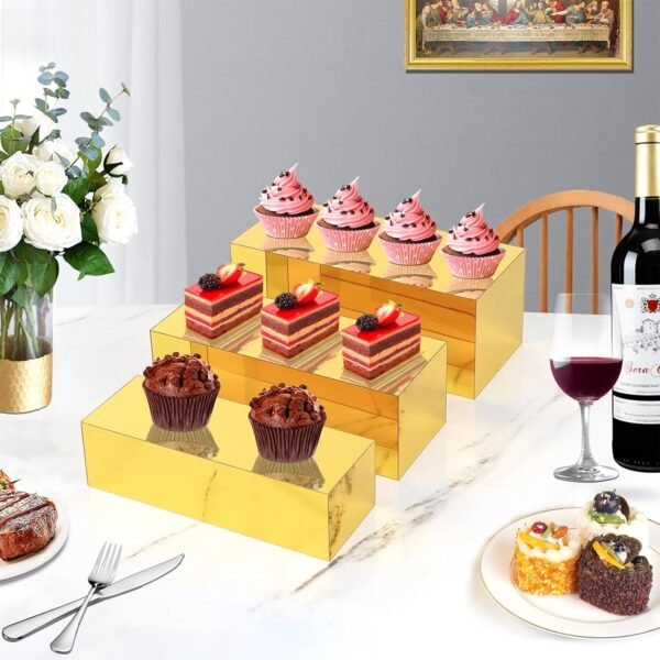 oem/odm acrylic food display risers, gold risers boxes 3pcs rectangular buffet risers display stand shelf for catering dessert buffet table, parties, weddings, collectibles shoes display (3pcs) wholesale supplier & factory