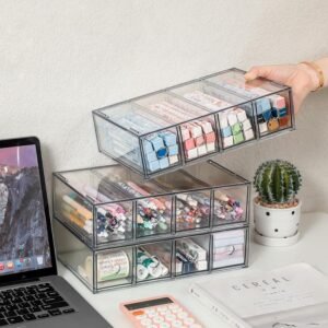 oem/odm 3-pack stackable acrylic storage drawers, desk organizer transparent cosmetic storage boxes, 4 compartment design suitable for stationery, dressing table, sunglasses, jewelry storage organization wholesale supplier & factory
