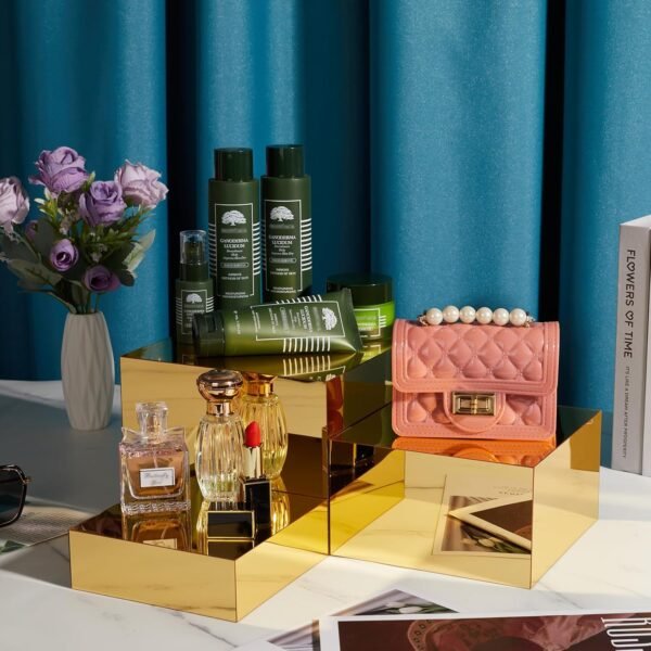 oem/odm 3 pcs acrylic risers for display, acrylic cube box nesting food display risers for party gold display stand acrylic boxes stand shelf for catering dessert collectibles jewelry figures handbags perfumes(gold-3pc) wholesale supplier & factory