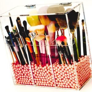 oem/odm acrylic makeup organizer ,clear cosmetic brush storage box with 3 brush holders ,makeup brush holderwith dust cover, largecapacity split design can quickly organize the desktop ( with free wholesale supplier & factory