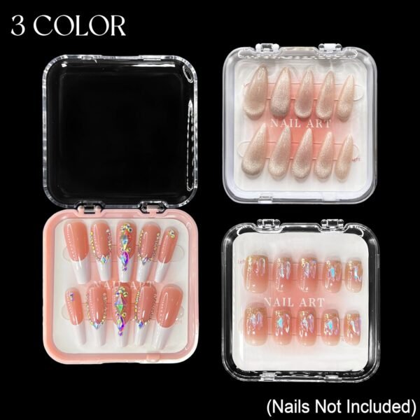 oem/odm 9pcs press on nail storage box in 3 colors, false nails acrylic display case with 9pcs fake nails display cards and 20pcs adhesive double sided tape for nail art home salon packaging use wholesale supplier & factory