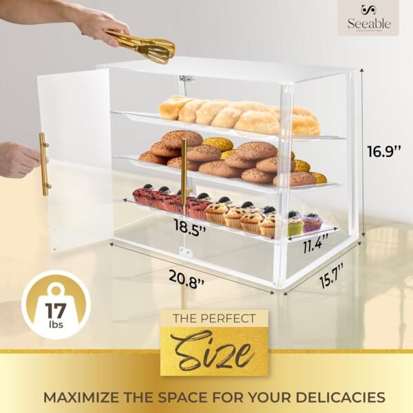 oem/odm 3 tray acrylic bakery display case countertop with magnetic rear doors access, removable trays & gold accents, acrylic pastry display case for desserts, cookies, bread & baked goods (21"x16"x17") wholesale supplier & factory