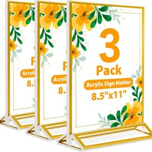 oem/odm acrylic gold sign holder 8.5x11 vertical, double sided clear sign holder acrylic frame standing sign holder display stand for wedding table numbers, restaurant, office, party, 3pack wholesale supplier & factory