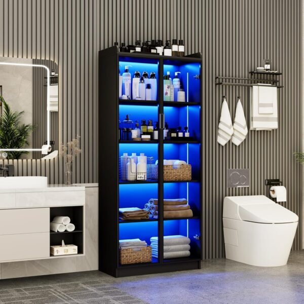 oem/odm display cabinet with doors and adjustable shelves, 65" tall bookcase with led lights/human sensor, 5 tier display case for collectibles bedroom living room office, black - smoked black door wholesale supplier & factory