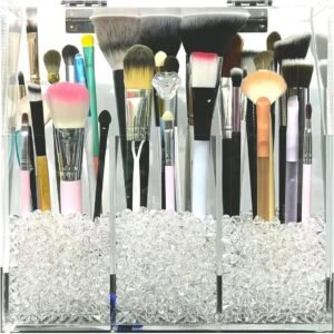 oem/odm acrylic makeup organizer,cosmetic brush storage box with 3 brush holders holder dust cover, large-capacity split design can quickly organize the desktop with3 bags of transparent pearls wholesale supplier & factory