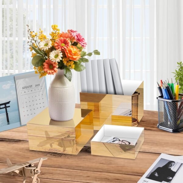 oem/odm 3 pcs acrylic risers for display, gold buffet risers, acrylic cube box nesting display risers, food display lifter, acrylic box rack dessert collection jewelry character party rack wholesale supplier & factory