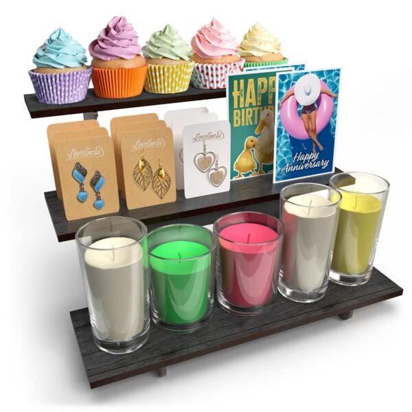 oem/odm straight black wooden tiered stand, portable products shelf, jewelry and card rack, risers, altar shelf, stand for vendor events wholesale supplier & factory