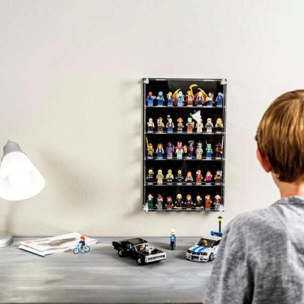 oem/odm acrylic minifigure display case - wall mount mini figure storage shelves with black background - holds 40 tall minifigs - clear shelf box for large minifigures - stands & extra accessories wholesale supplier & factory