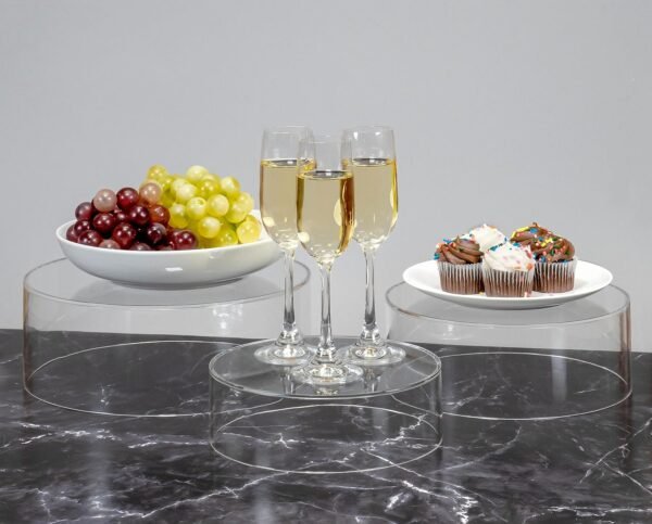oem/odm red co. set of 3 sizes (10", 8", 7") acrylic round cylinder display nesting riser stands with hollow bottoms, crystal clear wholesale supplier & factory