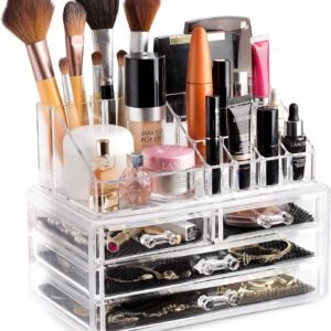 oem/odm masirs clear makeup organizer – 16-compartment cosmetic and jewelry holder, 4-drawer vanity storage, elegant clear design for makeup and accessories wholesale supplier & factory