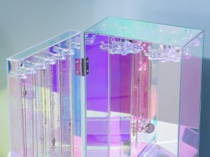 oem odm lolalet necklace holder organizer, acrylic jewelry organizer with 24 hooks, rotating clear necklaces display box with built-in mirror, dust-proof jewelry storage case with velvet tray -lasermirror factory & wholesale supplier
