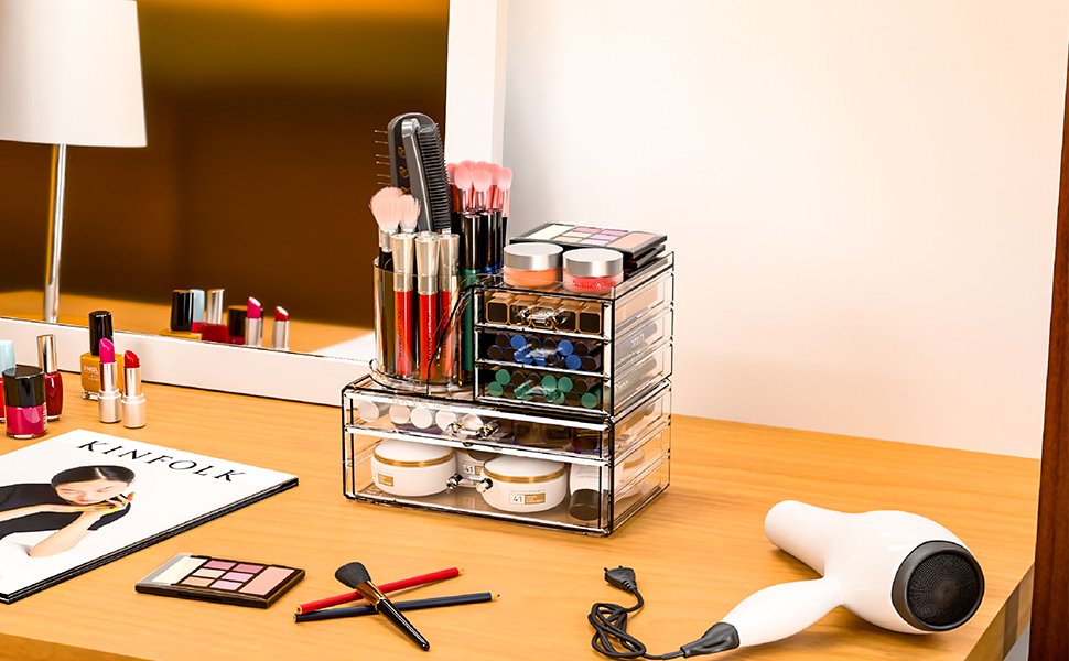oem odm suoxing 2 pack clear acrylic makeup organizers for vanity,countertop,5 drawer skincare organizer with makeup brush holder,cute small make up storage for bathroom,dorm,dresser beauty products organizer factory & wholesale supplier
