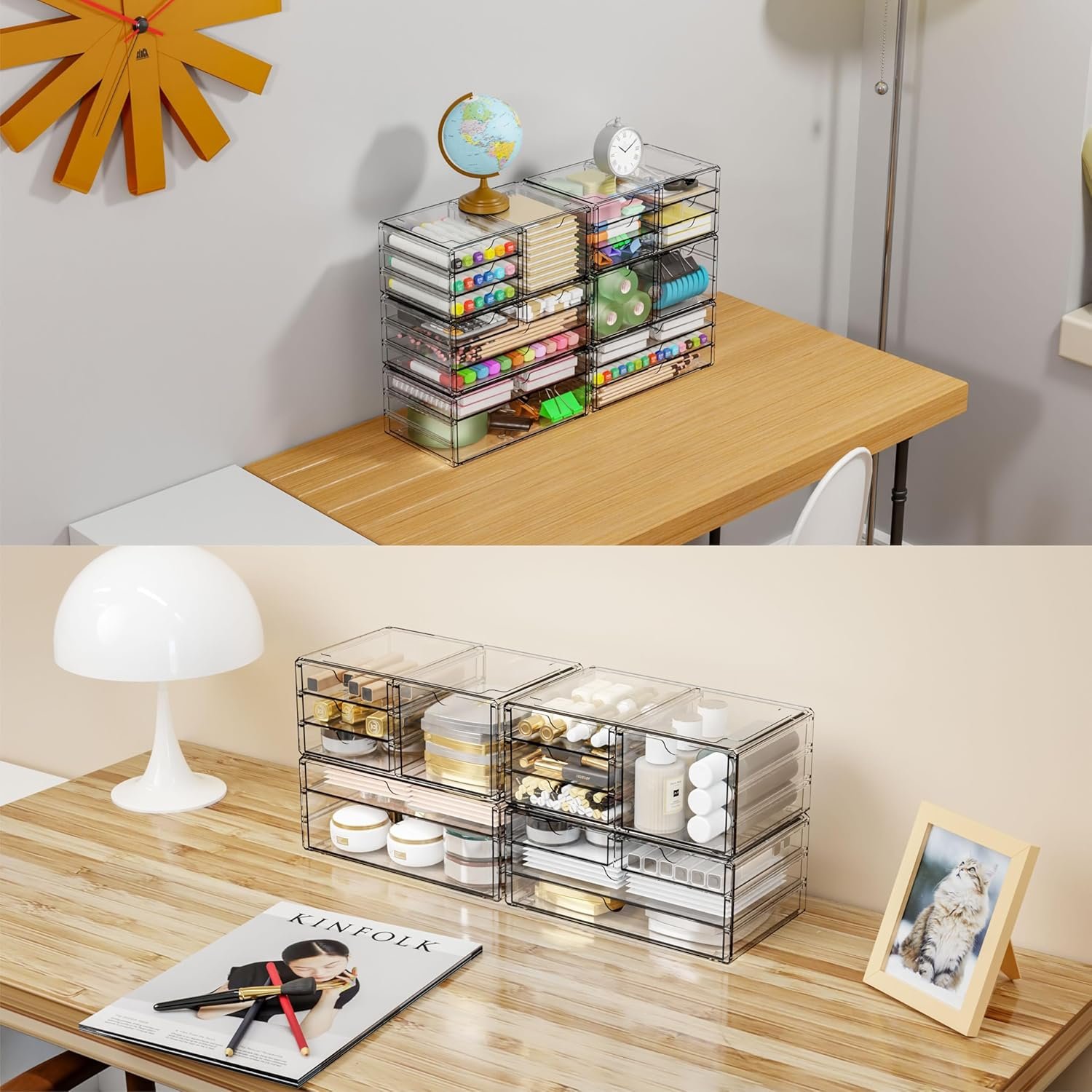 oem odm yieach 2 pack acrylic storage drawers with 6 drawers,stackable desk organizer and makeup organizer,large clear office supplies organizer for pen,stationary,palettes,arts craft organizers and storage factory & wholesale supplier