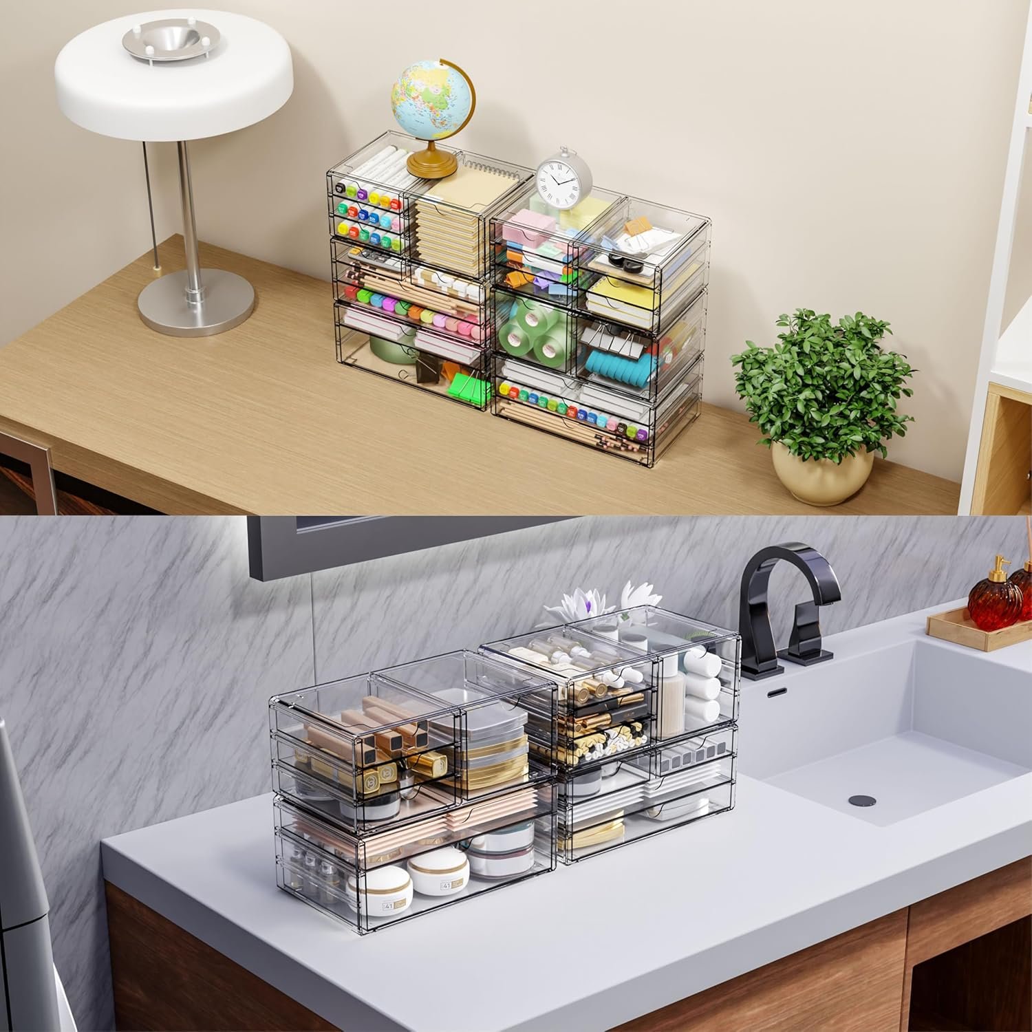 oem odm yieach 2 pack acrylic storage drawers with 6 drawers,stackable desk organizer and makeup organizer,large clear office supplies organizer for pen,stationary,palettes,arts craft organizers and storage factory & wholesale supplier