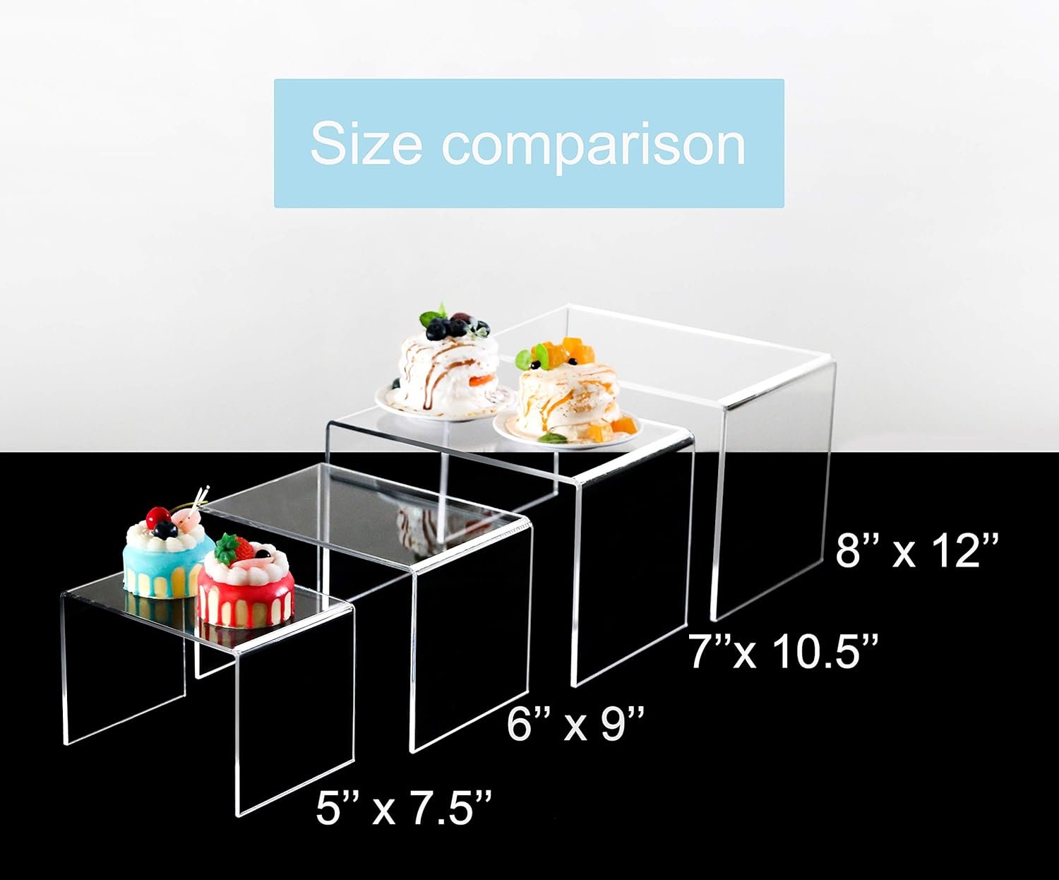oem odm jusalpha 2-pc 12x7x8 5mm thick clear acrylic riser for retail, shelf showcase fixtures for jewelry, display stand for amiibo funko pop figures, cupcakes, food display, riser#015 (12''x 7'' x 8'') factory & wholesale supplier