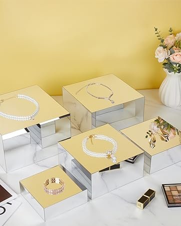 oem odm 3 pcs acrylic risers for display, acrylic cube box food display risers stand shelf for catering dessert collectibles jewelry figures party (silver3pc) factory & wholesale supplier