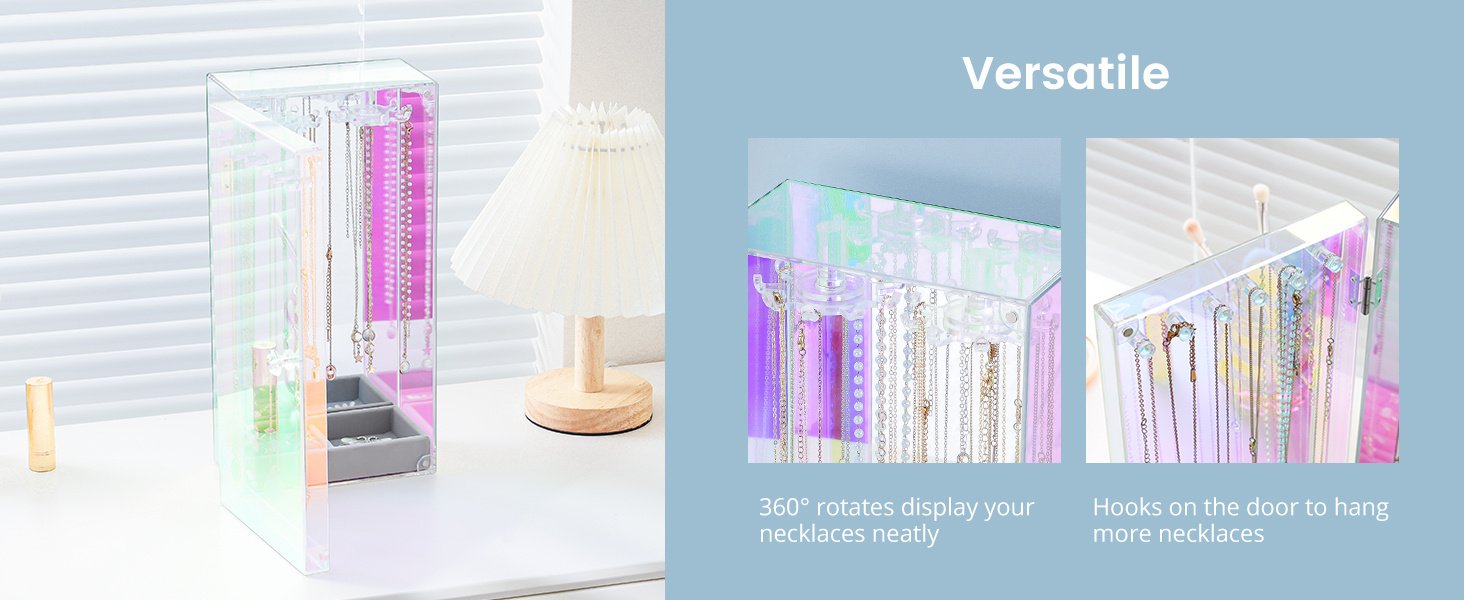 oem odm lolalet necklace holder organizer, acrylic jewelry organizer with 24 hooks, rotating clear necklaces display box with built-in mirror, dust-proof jewelry storage case with velvet tray -lasermirror factory & wholesale supplier